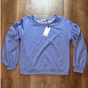 RO&DE Womens Blue Puff Sleeve Sweatshirt Heathered Crewneck Top Small NEW